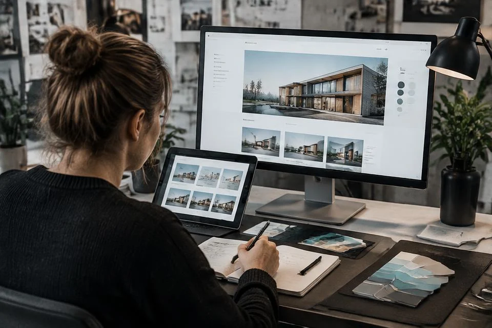 Designing an architecture website on a monitor and tablet