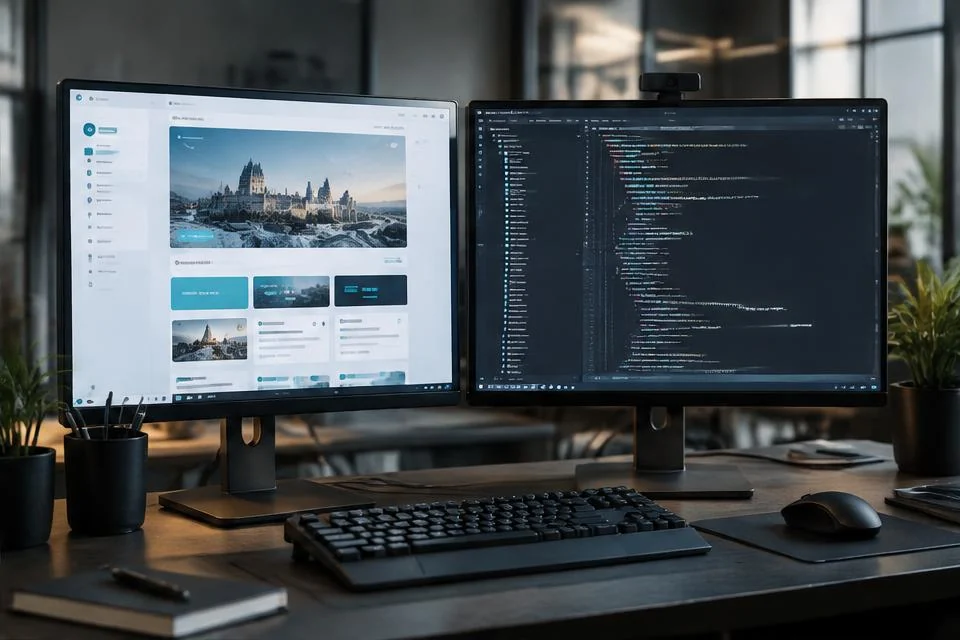 AI development workstation with a website preview and code editor